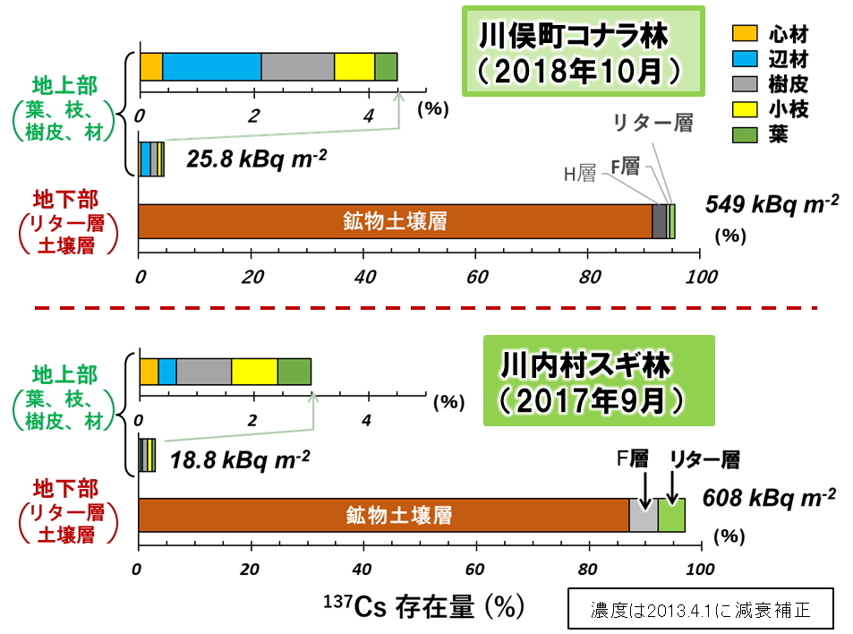 森林の地上部(樹木)および地下部(リター層、土壌層)のセシウム分布