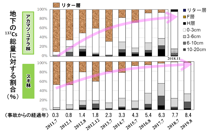 事故からの経過年と地価の137-Cs総量に対する割合