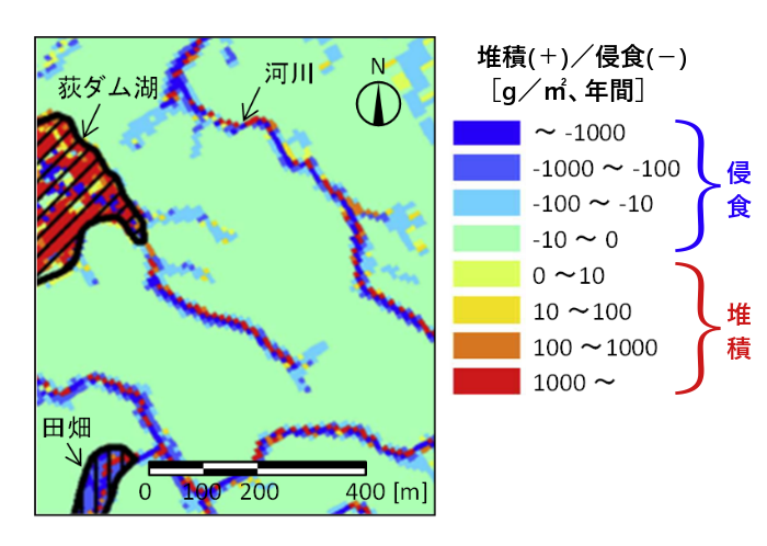 2011年5月から2015年12月の期間の土壌の侵食・堆積量の分布